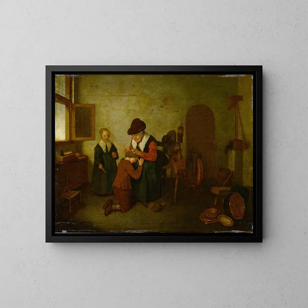 Een vrouw ontwormt een jongen - Quirijn van Brekelenkam — ingelijst kunstwerk aan de muur