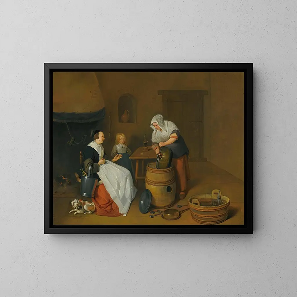 van een vrouw die spreekt met haar dienstmeid in een keuken met een kind, een hond en een vuur - Quirijn van Brekelenkam — ingelijst kunstwerk aan de muur