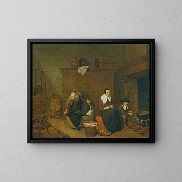 Een interieur met een vrouw die pastinaak schilt - Quirijn van Brekelenkam — ingelijst kunstwerk aan de muur