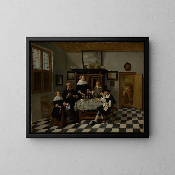van een familieportret in een interieur - Quirijn van Brekelenkam — ingelijst kunstwerk aan de muur