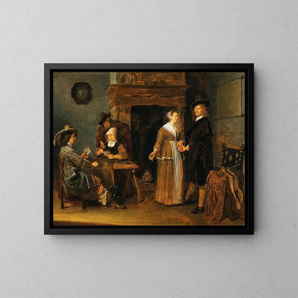 van het gemengde gezelschap dat kaarten speelt - Quirijn van Brekelenkam — ingelijst kunstwerk aan de muur