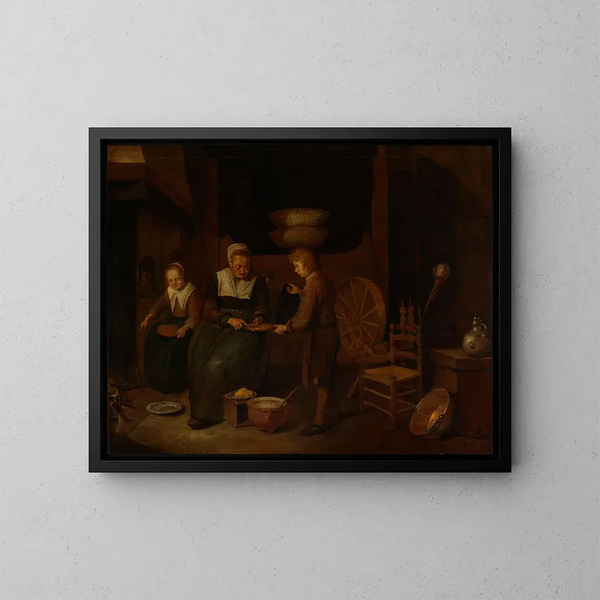 Oudere vrouw die pannenkoeken bakt met twee kinderen - Quirijn van Brekelenkam — ingelijst kunstwerk aan de muur