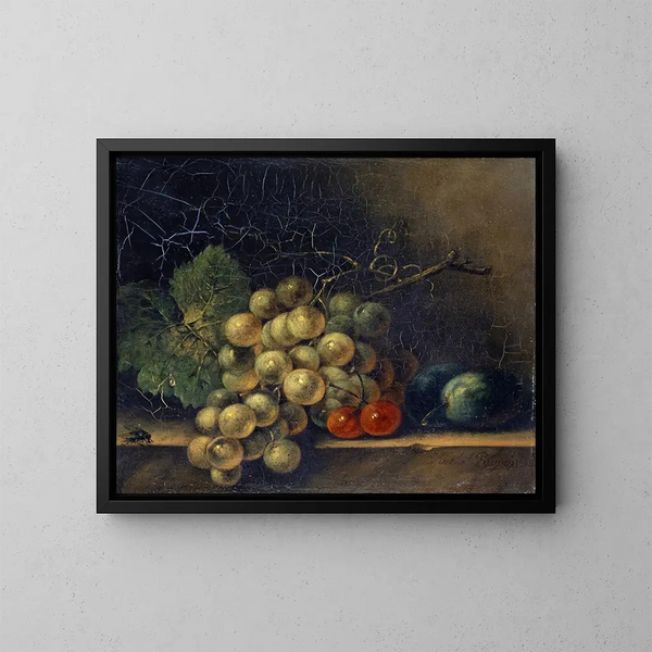 Natuurschilderij met druiven, steenfruit en een vlieg - Rachel Ruysch — ingelijst kunstwerk aan de muur