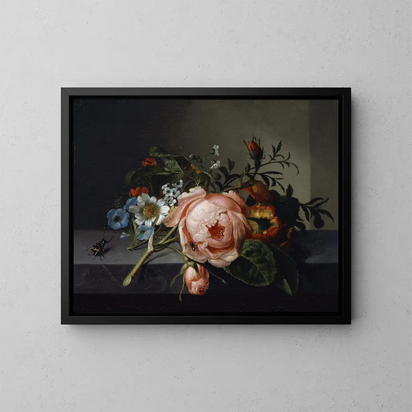 Natuurschilderij met een tak roos, een kever en een bij - Rachel Ruysch — ingelijst kunstwerk aan de muur