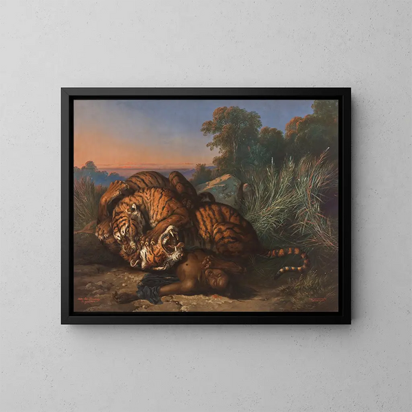 Tijgers in gevecht - Raden Saleh — ingelijst kunstwerk aan de muur
