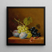 Rozijnen, pruimen, frambozen, bloemen en een eikel op een houten plank - Arnoldus Bloemers — ingelijst kunstwerk aan de muur