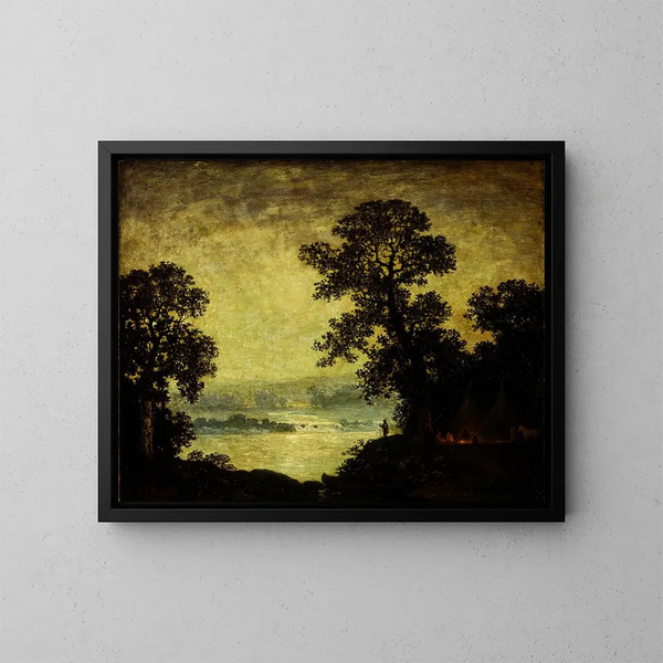 Kampement van een indiaan bij maanlicht - Ralph Albert Blakelock — ingelijst kunstwerk aan de muur