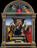 De Maagd met Kind zittend op een troon met heiligen - Raphael — weergave van het kunstwerk