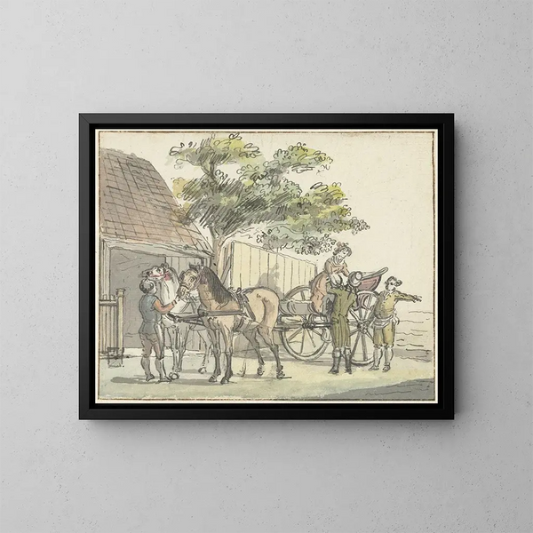 van een auto met twee paarden bij de herberg De Donkere Kuil nabij Haarlem - Reinier Vinkeles — ingelijst kunstwerk aan de muur