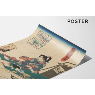 Reproduction Femme à table, chat blanc bondissant sur un papillon - Utagawa Kuniyoshi