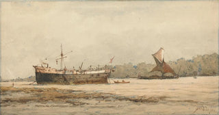 Richard Henry Nibbs - A Moored Barque and Barge in a River.webp