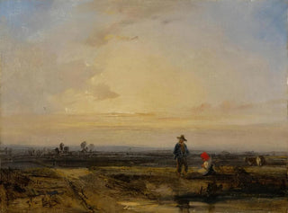 Richard Parkes Bonington - Landscape with sunset and figures before a pond.webp