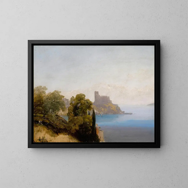 Uitzicht op Lerici met baron Charles Rivet schetsend op de voorgrond - Richard Parkes Bonington — ingelijst kunstwerk aan de muur