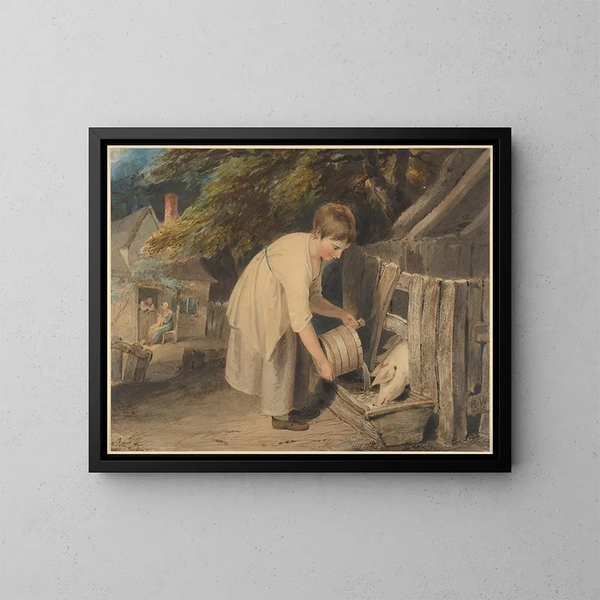 Meisje dat varkens voert - Richard Westall — ingelijst kunstwerk aan de muur