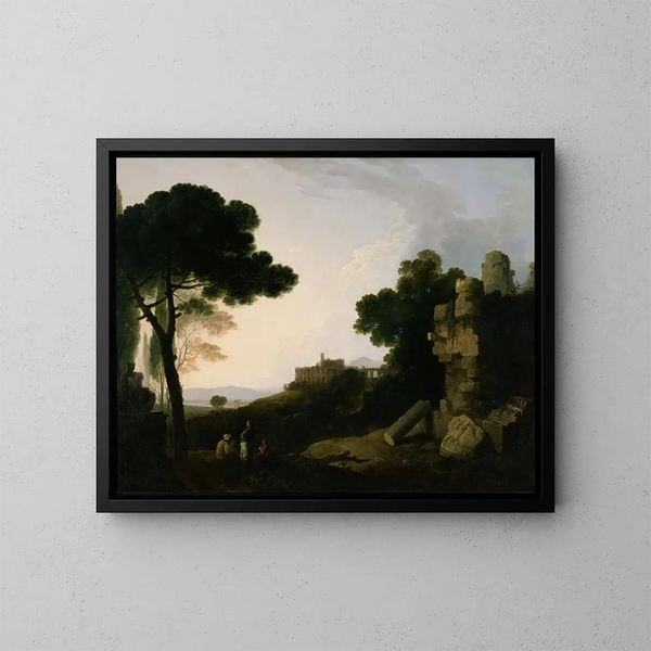 Landschap capriccio met het graf van de Horatii en de Curiatii en de villa van Maecenas in Tivoli - Richard Wilson — ingelijst kunstwerk aan de muur