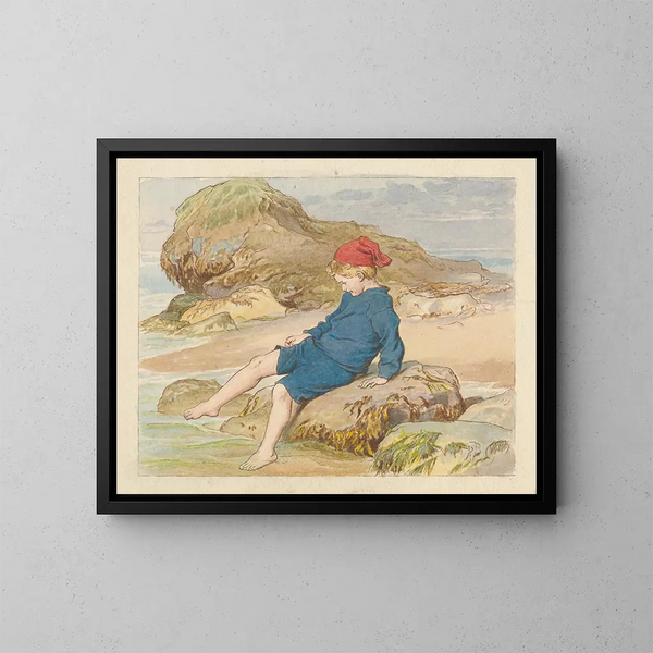 Jongen die dicht bij de zee speelt - Robert Barnes — ingelijst kunstwerk aan de muur