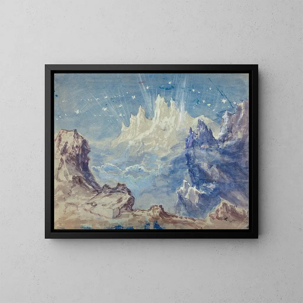 Fantastisch berglandschap met sterrenhemel schilderij - Robert Caney — ingelijst kunstwerk aan de muur