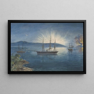 Robert Charles Dudley - The Bay of Bull Arms Trinity Bay Newfoundland Bonfires Lighted on the Hills to Notify of the Arrival of the Cable Fleet on August 5th 1858.webp