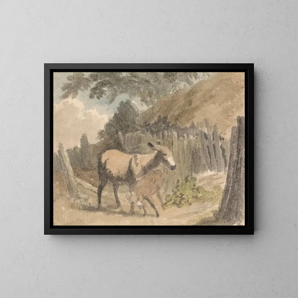 Een ezel en haar veulen - Robert Hills — ingelijst kunstwerk aan de muur