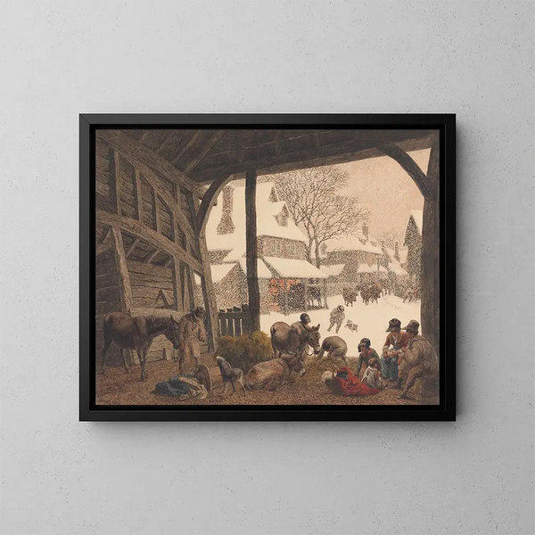 Een sneeuwlandschap in een dorp - Robert Hills — ingelijst kunstwerk aan de muur