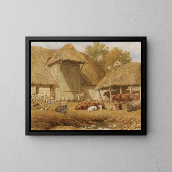 van Bétail rustend bij de boerderijgebouwen - Robert Hills — ingelijst kunstwerk aan de muur