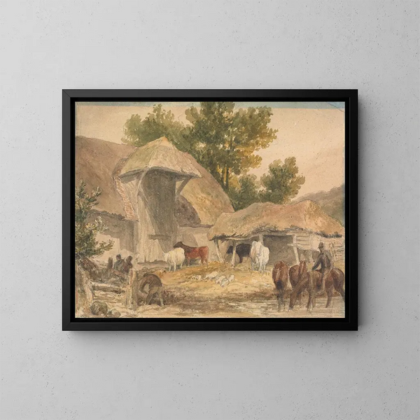 van een boerderij met wachtende paarden - Robert Hills — ingelijst kunstwerk aan de muur