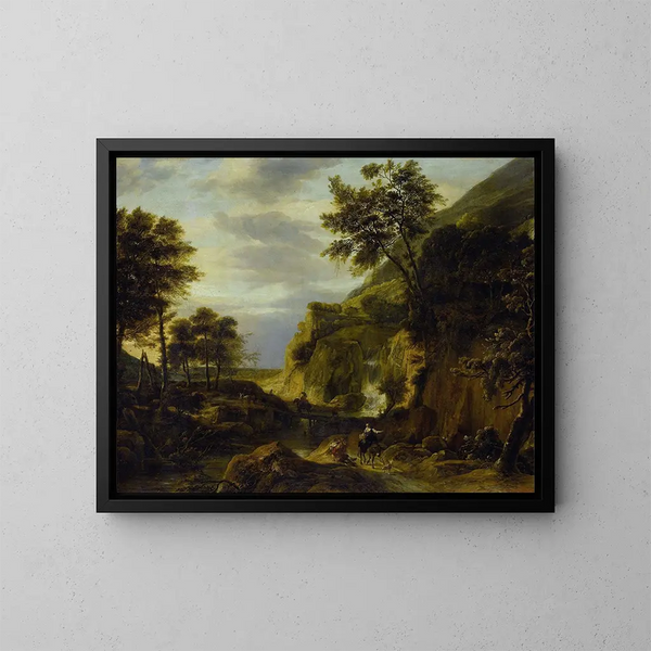 Berglandschap met waterval - Roelant Roghman — ingelijst kunstwerk aan de muur