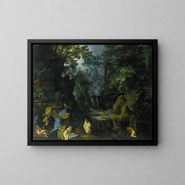 Een boslandschap met nimfen die baden en Leda en de zwaan - Roelant Savery — ingelijst kunstwerk aan de muur
