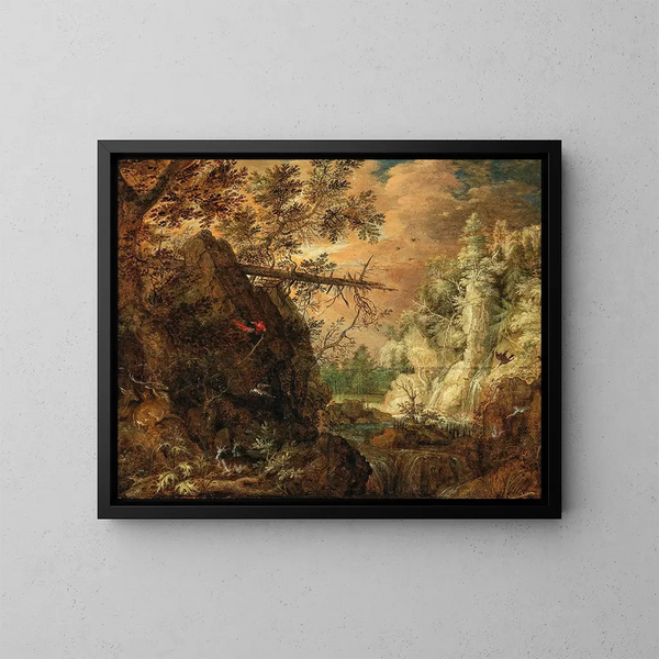 Een bebost rotsachtig landschap met een waterval - Roelant Savery — ingelijst kunstwerk aan de muur