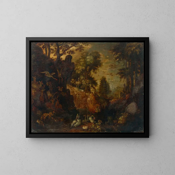 van een bebost rotsachtig landschap met vogels, herten en andere dieren - Roelant Savery — ingelijst kunstwerk aan de muur