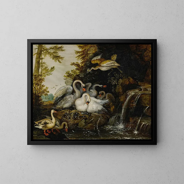 Landschap met zwanen bij een waterval - Roelant Savery — ingelijst kunstwerk aan de muur
