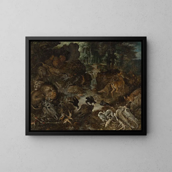 Leeuwen en vossen in een ruig landschap - Roelant Savery — ingelijst kunstwerk aan de muur