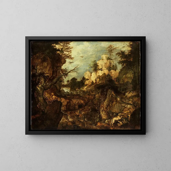 Jacht op everzwijn in een rotsachtig landschap - Roelant Savery — ingelijst kunstwerk aan de muur