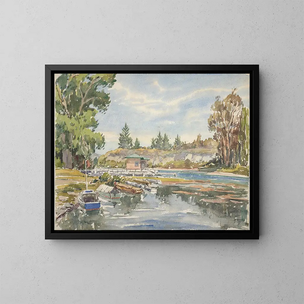 Uitgang van het Taupo-meer - Roland Hipkins — ingelijst kunstwerk aan de muur