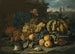 Natuurstudie met meloenen, appels, zwarte en groene druiven, een granaatappel en vogels op een bosachtige ondergrond, een landschap daarachter met een stad aan de horizon - School van Rome — weergave van het kunstwerk