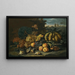 Natuurstudie met meloenen, appels, zwarte en groene druiven, een granaatappel en vogels op een bosachtige ondergrond, een landschap daarachter met een stad aan de horizon - School van Rome — ingelijst kunstwerk aan de muur