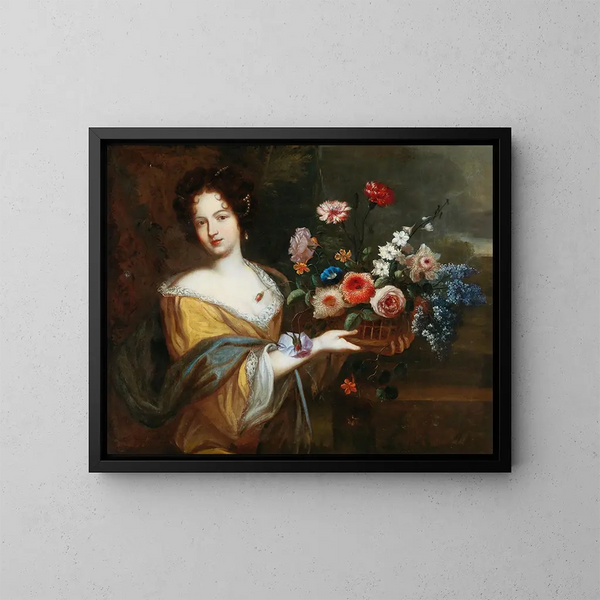 Een jonge vrouw met een mand bloemen - School van Rome — ingelijst kunstwerk aan de muur