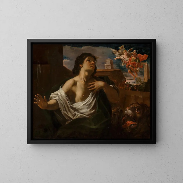 Daniel in de leeuwenkuil met een engel die de profeet Habakuk draagt - School van Rome — ingelijst kunstwerk aan de muur