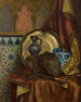 Een schilderij van een trommelmes, een Turkse doos, een Turkse kruik, een Marokkaanse tegel en een bord op een satijnen tafel - Rudolf Ernst — weergave van het kunstwerk