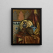 Een schilderij van een trommelmes, een Turkse doos, een Turkse kruik, een Marokkaanse tegel en een bord op een satijnen tafel - Rudolf Ernst — ingelijst kunstwerk aan de muur