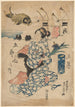 Vrouw die een iris vasthoudt, rivierkust, groot vis op de achtergrond - Sadafusa Utagawa — weergave van het kunstwerk