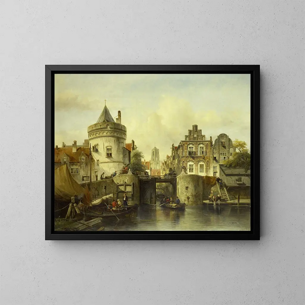 van een denkbeeldig schilderij gebaseerd op de Kolksluis van Amsterdam - Salomon Leonardus Verveer — ingelijst kunstwerk aan de muur