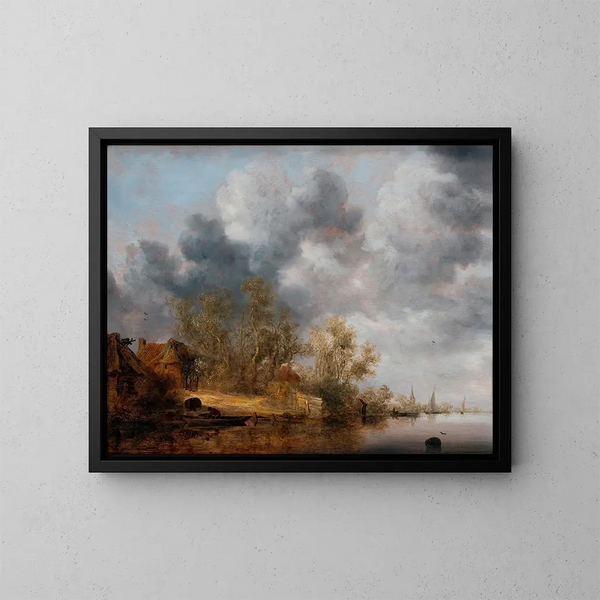 Een Nederlandse oever - Salomon van Ruysdael — ingelijst kunstwerk aan de muur