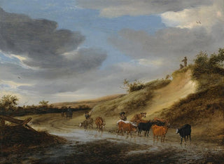Salomon van Ruysdael - An Extensive Landscape With Cattle And Their Herdsmen Following A Partly Flooded Country Road.webp