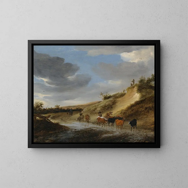 Een uitgestrekt landschap met vee en hun herders die een deels overstroomde landweg volgen - Salomon van Ruysdael — ingelijst kunstwerk aan de muur