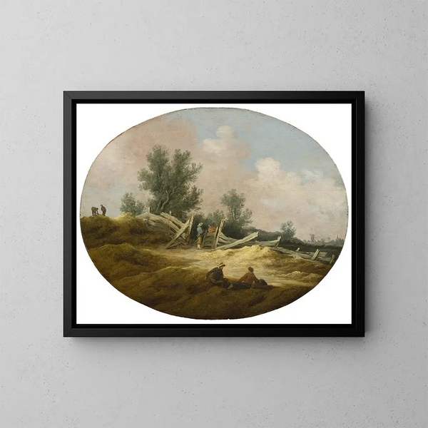 Landschap met een houten hek en figuren - Salomon van Ruysdael — ingelijst kunstwerk aan de muur