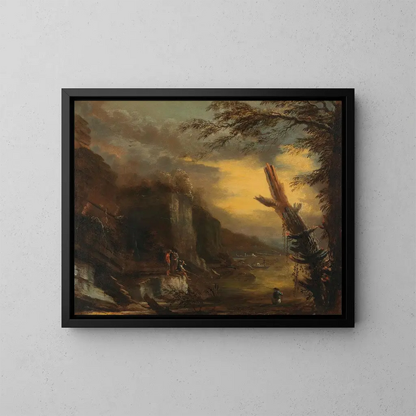 Figuren die vissen in een rotsachtig kustlandschap - Salvator Rosa — ingelijst kunstwerk aan de muur