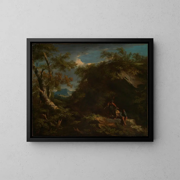Landschapschilderij met bergachtig boslandschap en rustende krijgers - Salvator Rosa — ingelijst kunstwerk aan de muur