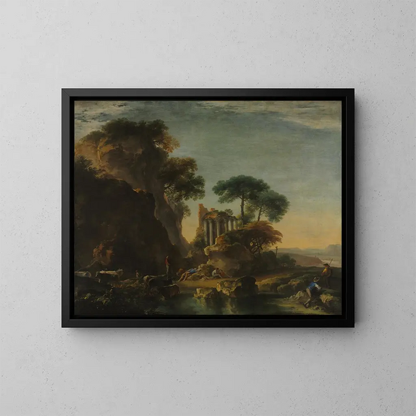 van Ruïnes in een rotsachtig landschap - Salvator Rosa — ingelijst kunstwerk aan de muur