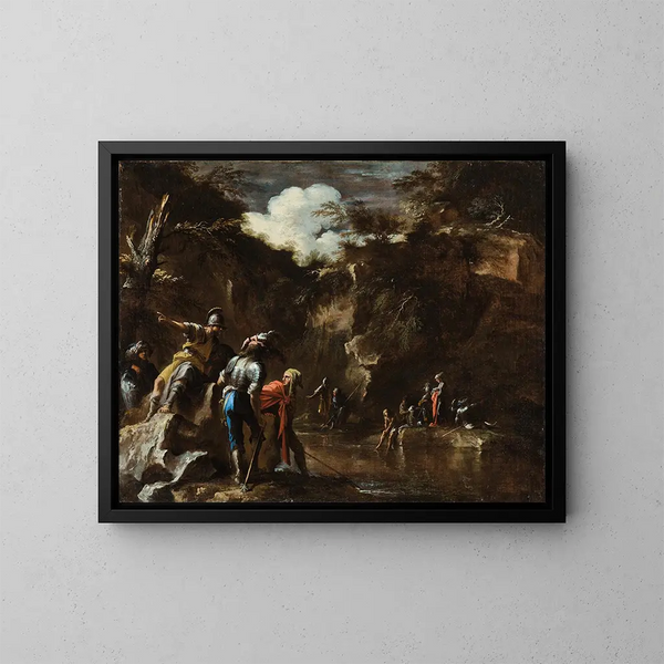 scène uit de Griekse geschiedenis: Thales laat de rivier stromen aan beide zijden van het Lydische leger - Salvator Rosa — ingelijst kunstwerk aan de muur